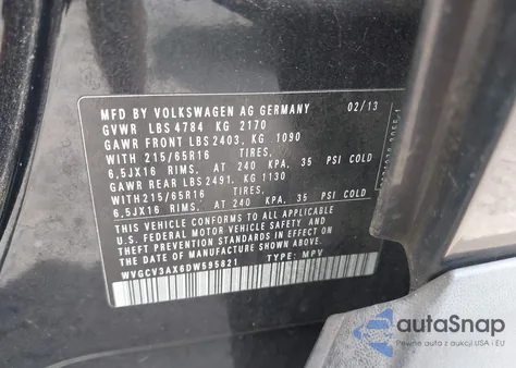 2013 Volkswagen Tiguan S из США, поврежденный, VIN WVGCV3AX6DW595821